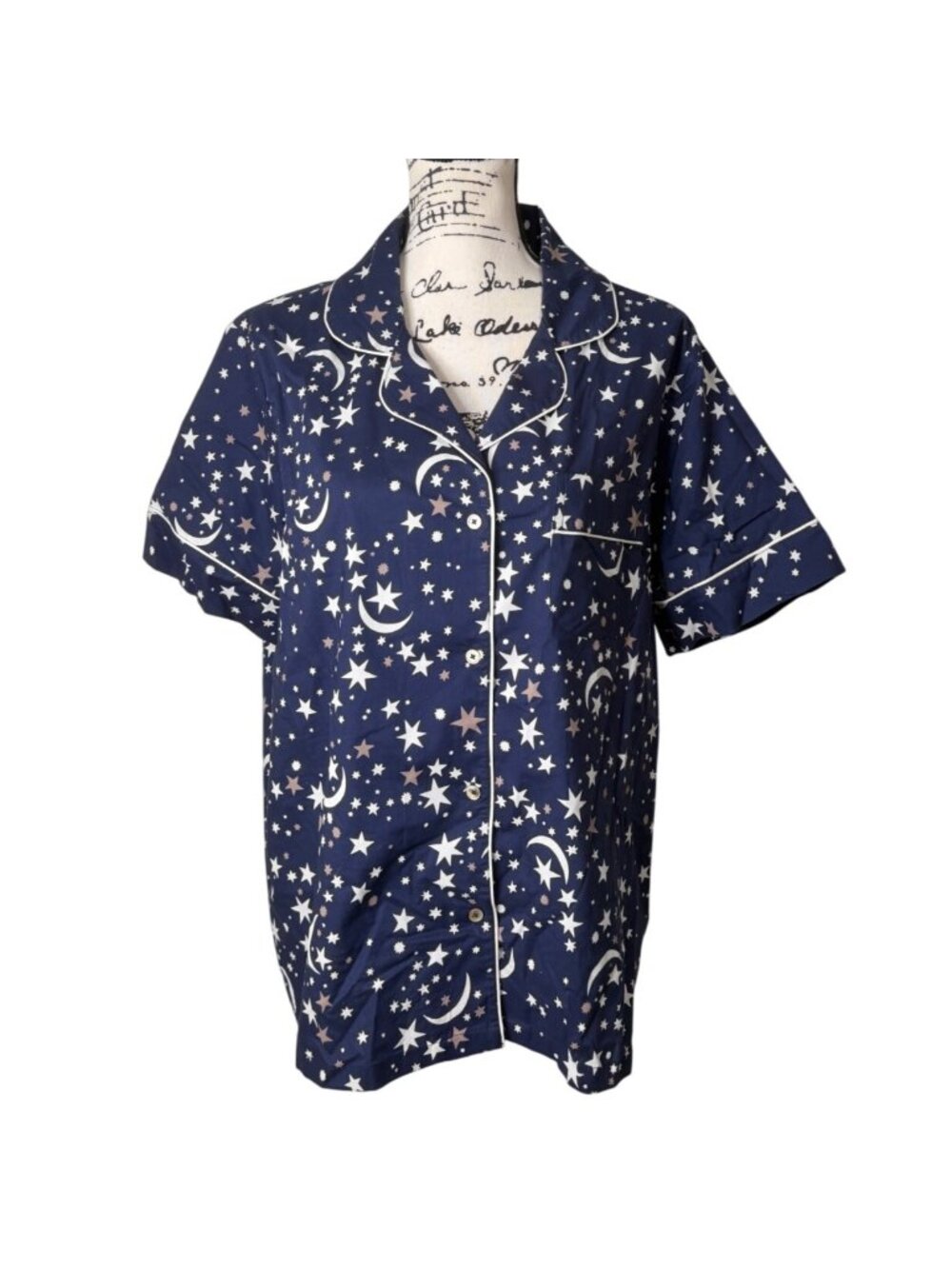 Print Fresh Womens Size L Celestial Skies Pajama Top Blue Moon Stars Short Sleev